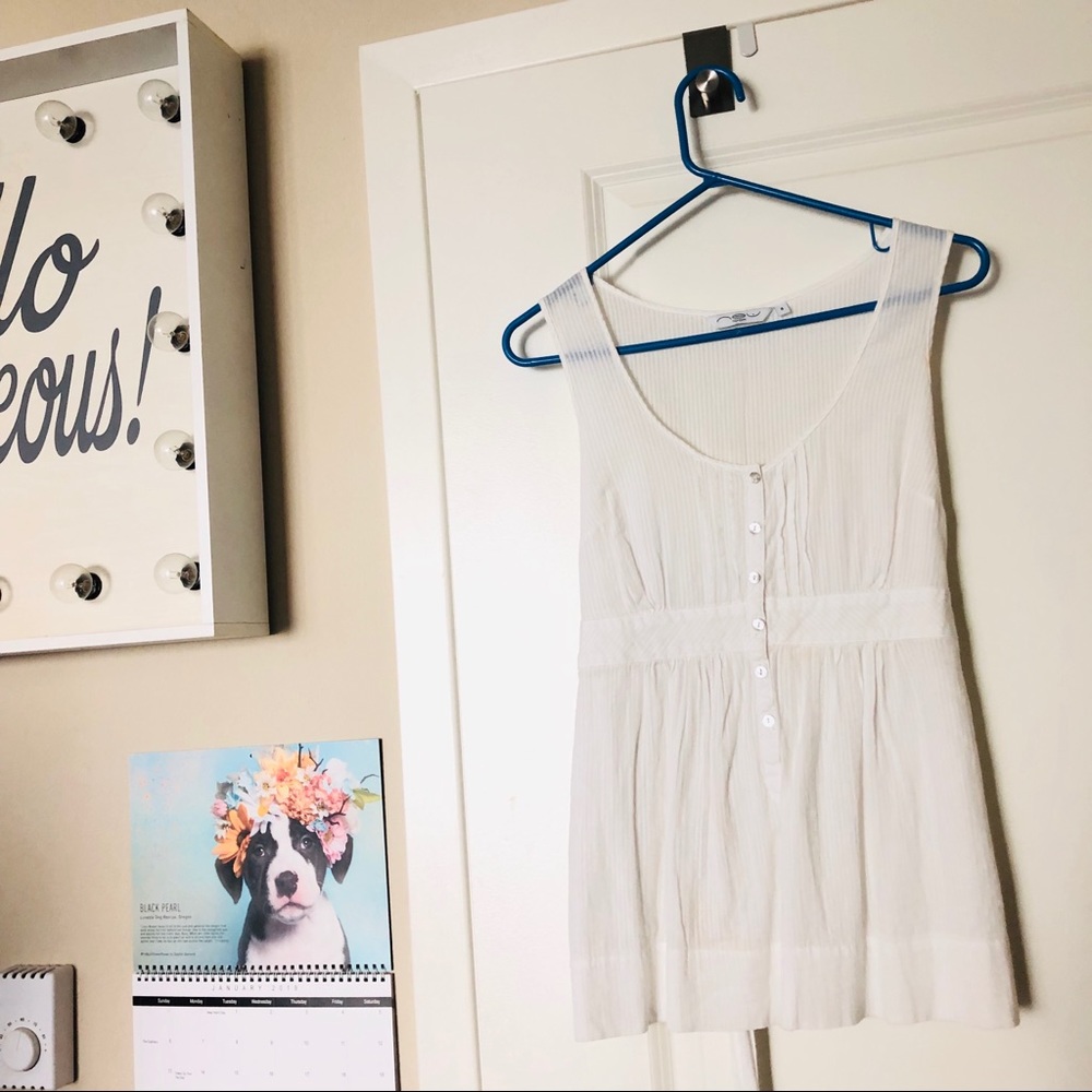 Flowy white button down up tank top blouse with tie in back